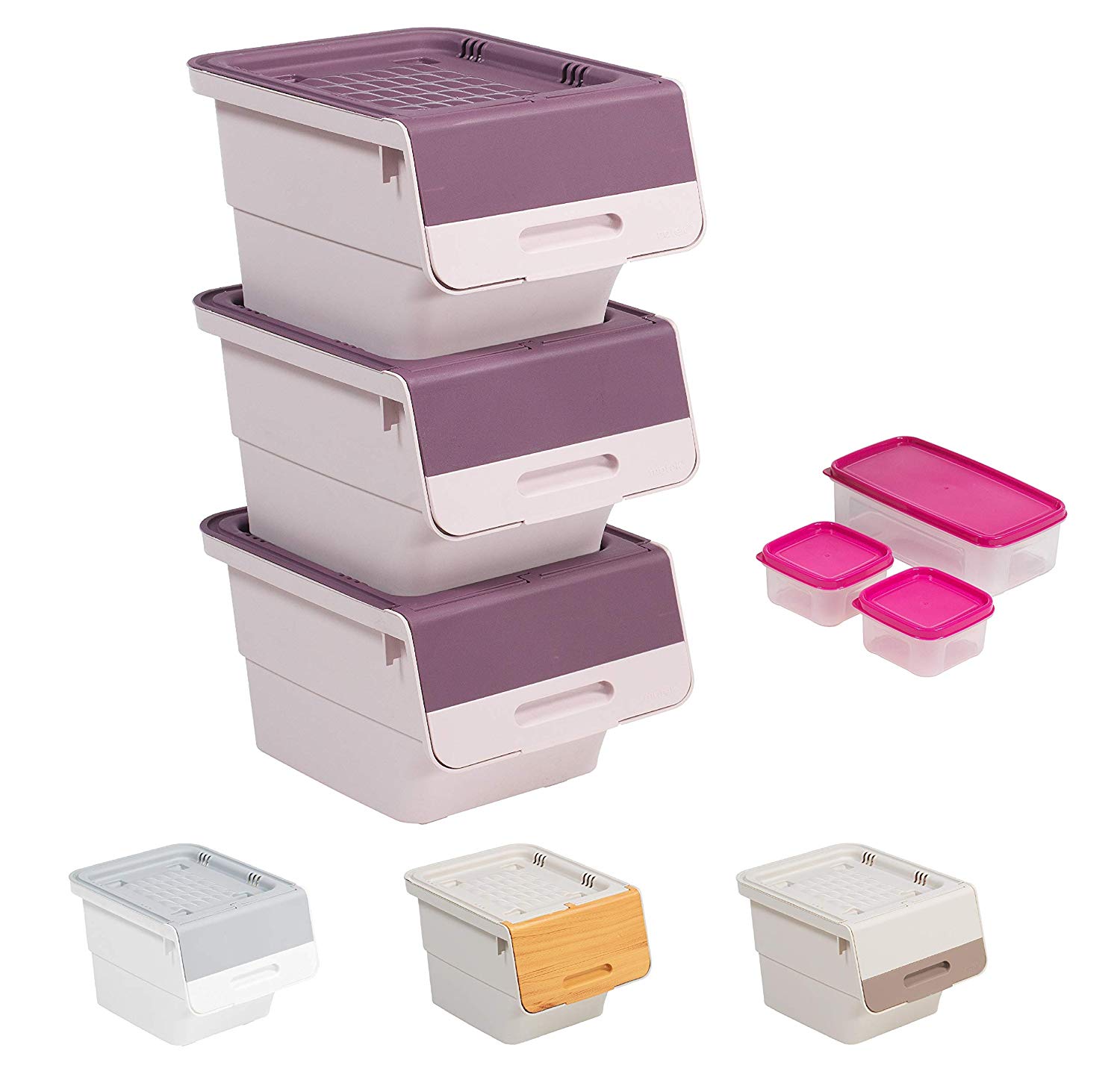 Mabel Home Storage Bins with Lid, Stackable Storage Bins, Set of 3, Good  for Kitchen, Bathroom, Garage, Office, 2 Size&4 Colour - Extra Food Storage  Container İncluded (Pink-Purple, 11x13.40x28)